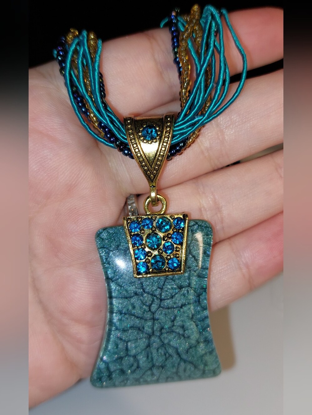 Gold-Tone Teal Stone Pendant Necklace with Blue Crystal Accents